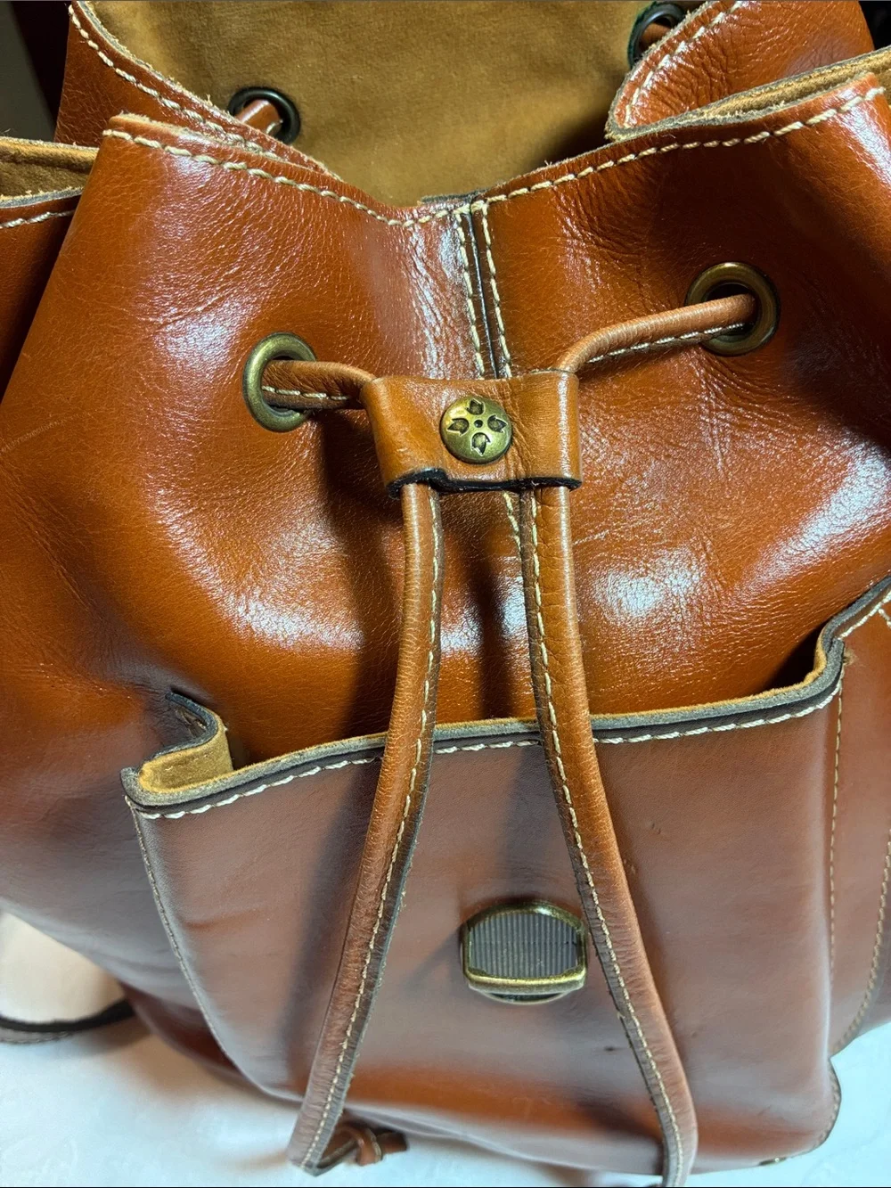 Patricia Nash Cognac Leather Drawstring Backpack with Flap 16inx15in